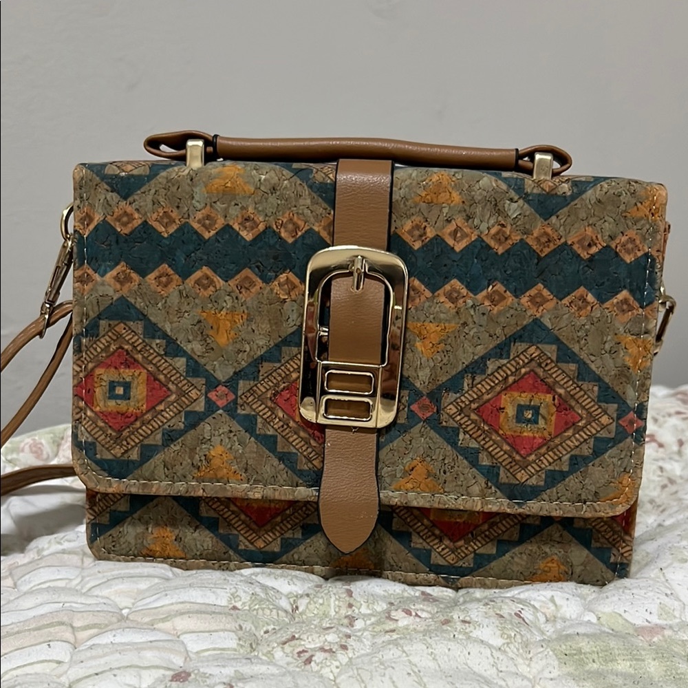 Geometric Patterned Tan And Multicolor Women's Bag - image 1